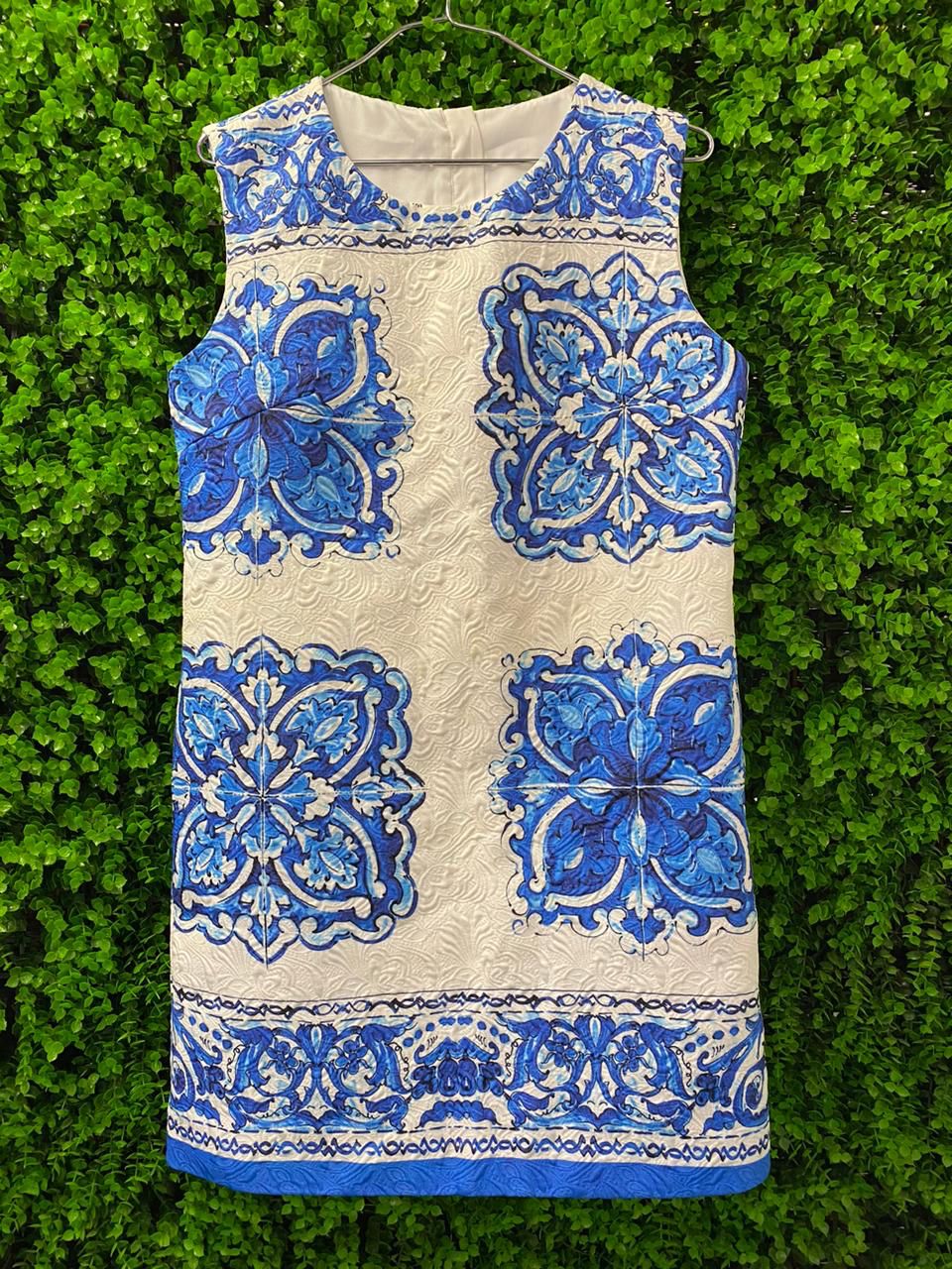 Blue Tile Print Sleeveless Shift Dress