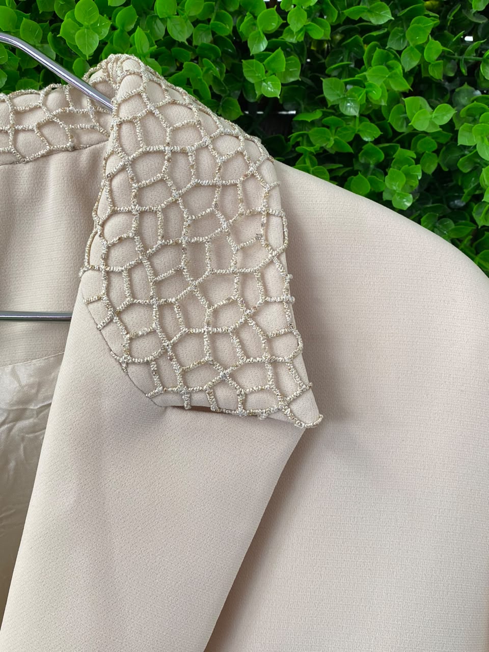 Paula Rich Cream Embellished-Shoulder Tailored Blazer