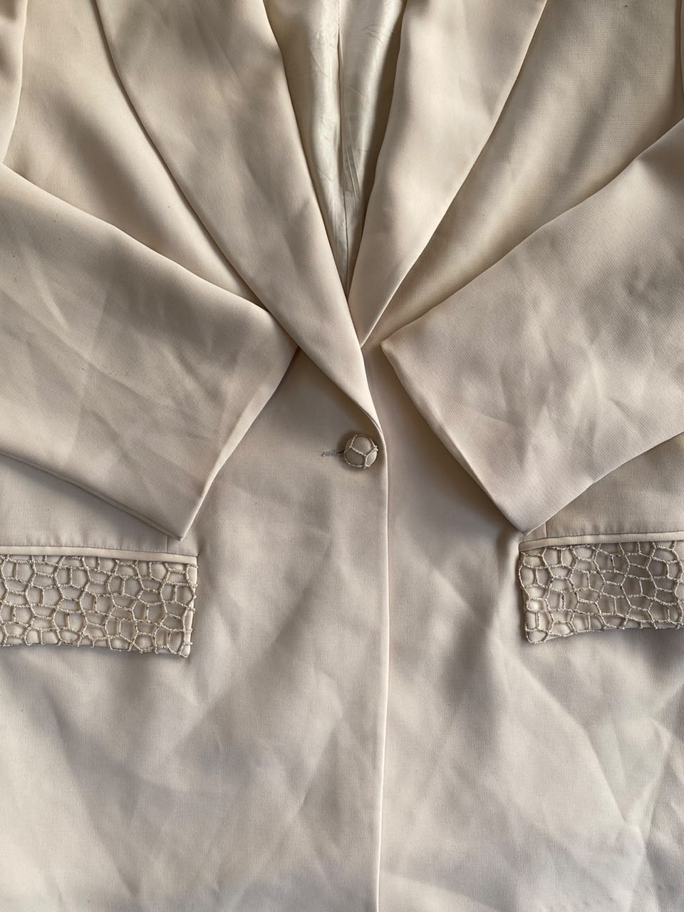 Paula Rich Cream Embellished-Shoulder Tailored Blazer