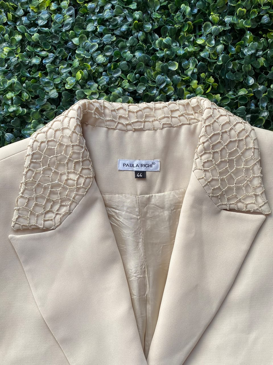Paula Rich Cream Embellished-Shoulder Tailored Blazer