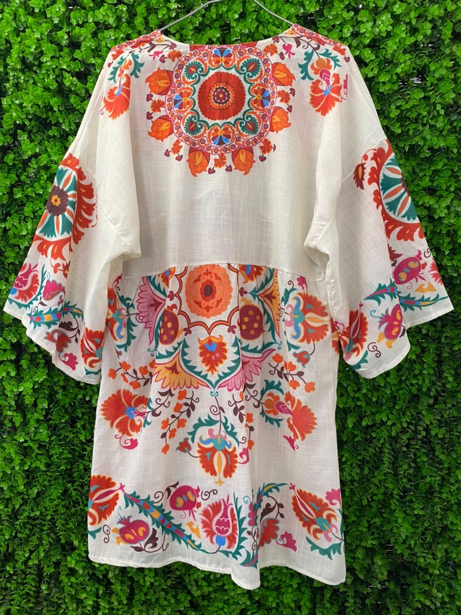 White Paisley Print Kaftan Tunic