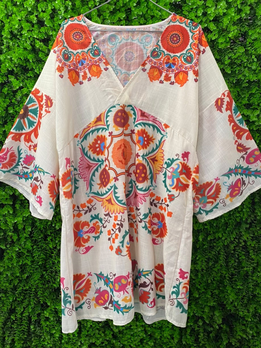 White Paisley Print Kaftan Tunic