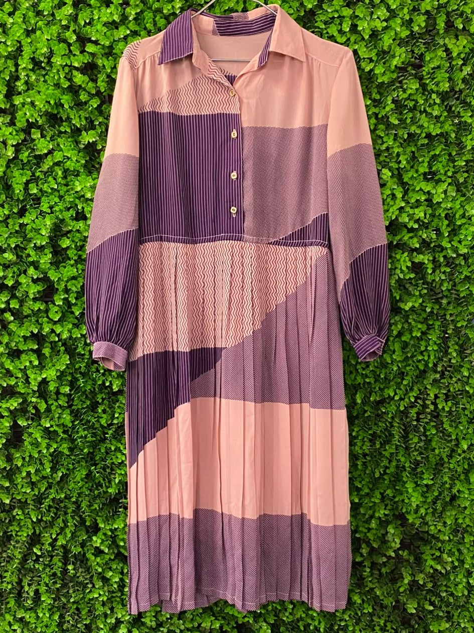 Mauve & Plum Striped Pleated Shirt Dress