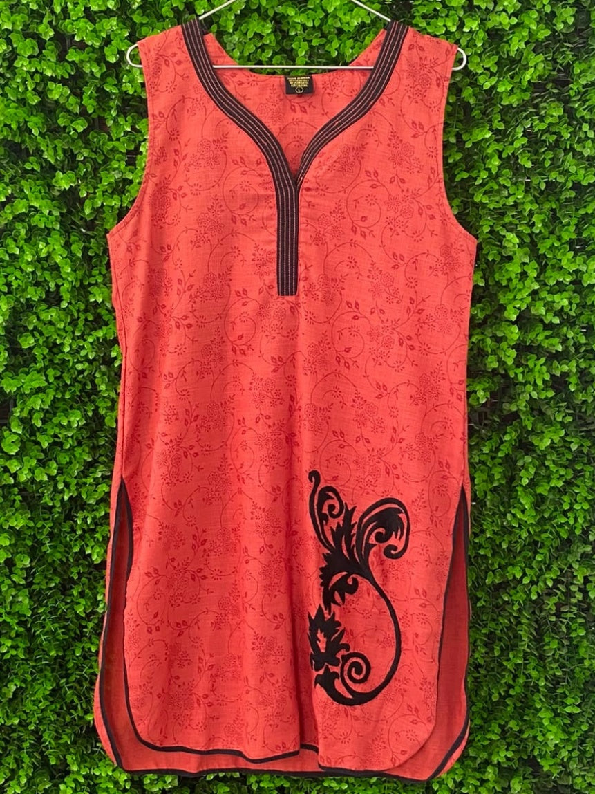 Coral Embroidered Sleeveless Tunic Dress