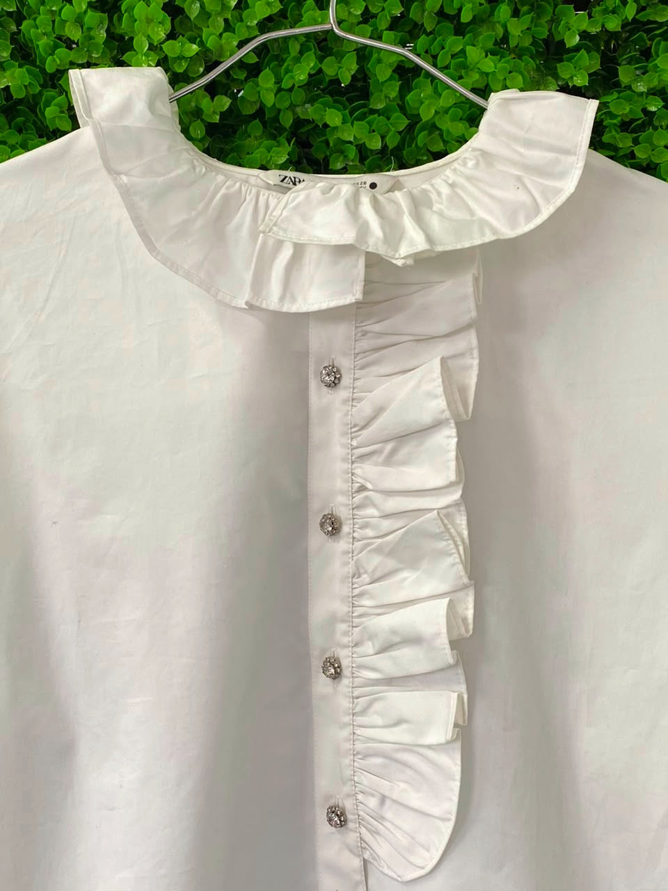 Zara White Cotton Ruffle-Neck Button-Up Blouse
