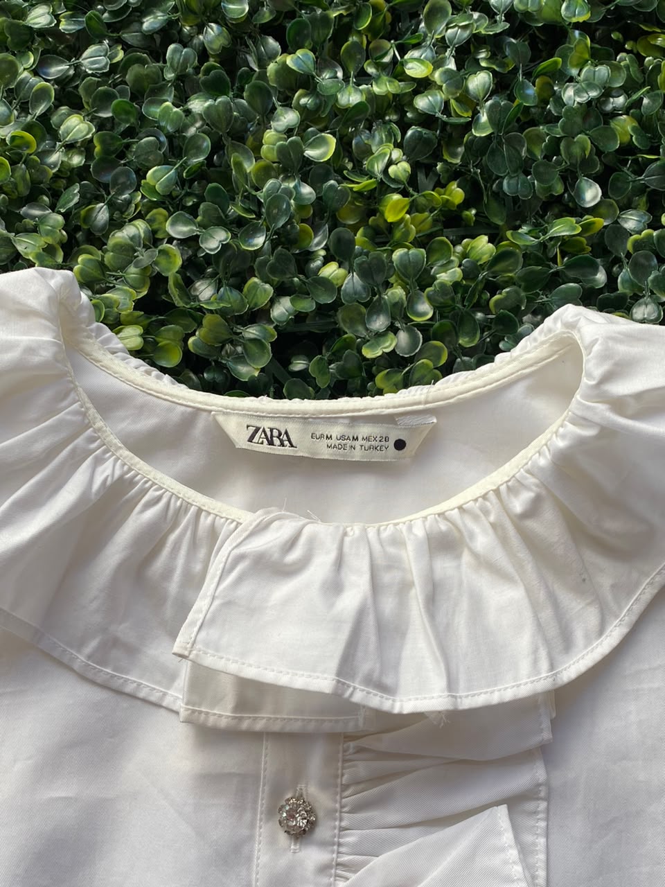 Zara White Cotton Ruffle-Neck Button-Up Blouse