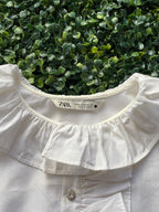 Zara White Cotton Ruffle-Neck Button-Up Blouse