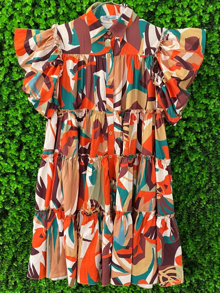 Coral & Teal Abstract Belted Shirt Dress