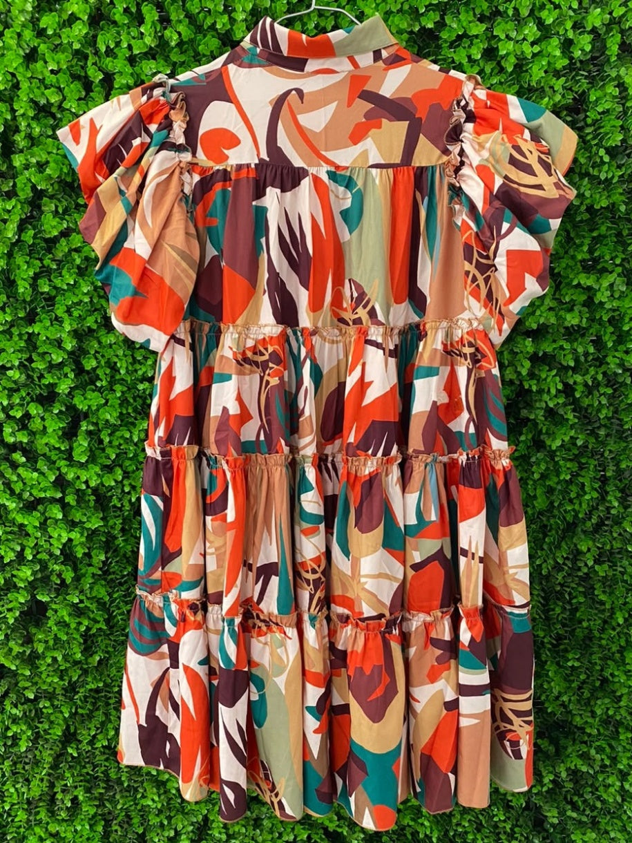 Coral & Teal Abstract Belted Shirt Dress