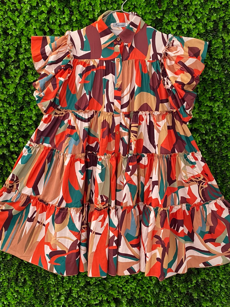 Coral & Teal Abstract Belted Shirt Dress