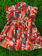 Coral & Teal Abstract Belted Shirt Dress