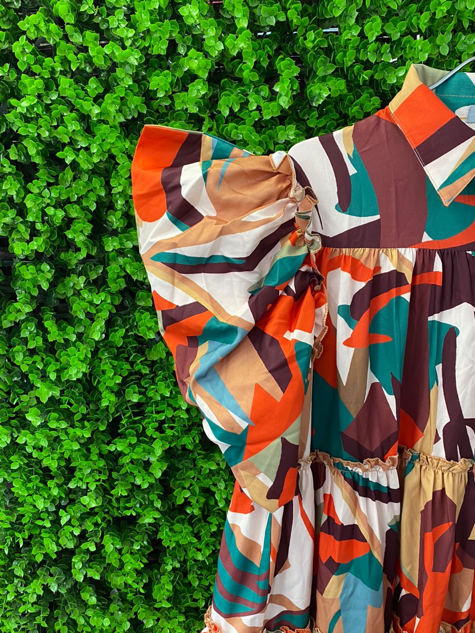 Coral & Teal Abstract Belted Shirt Dress