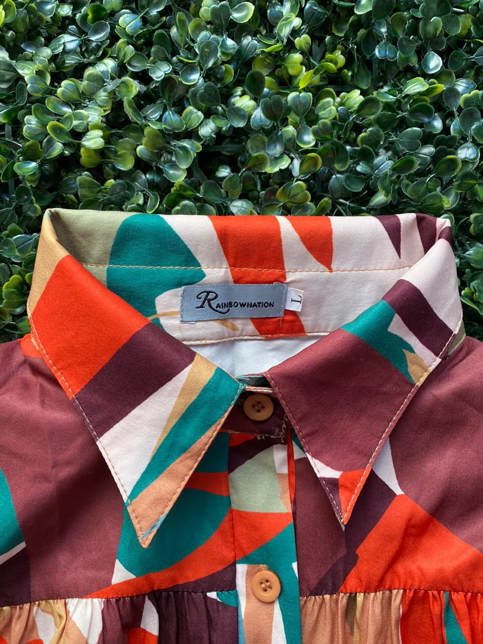 Coral & Teal Abstract Belted Shirt Dress