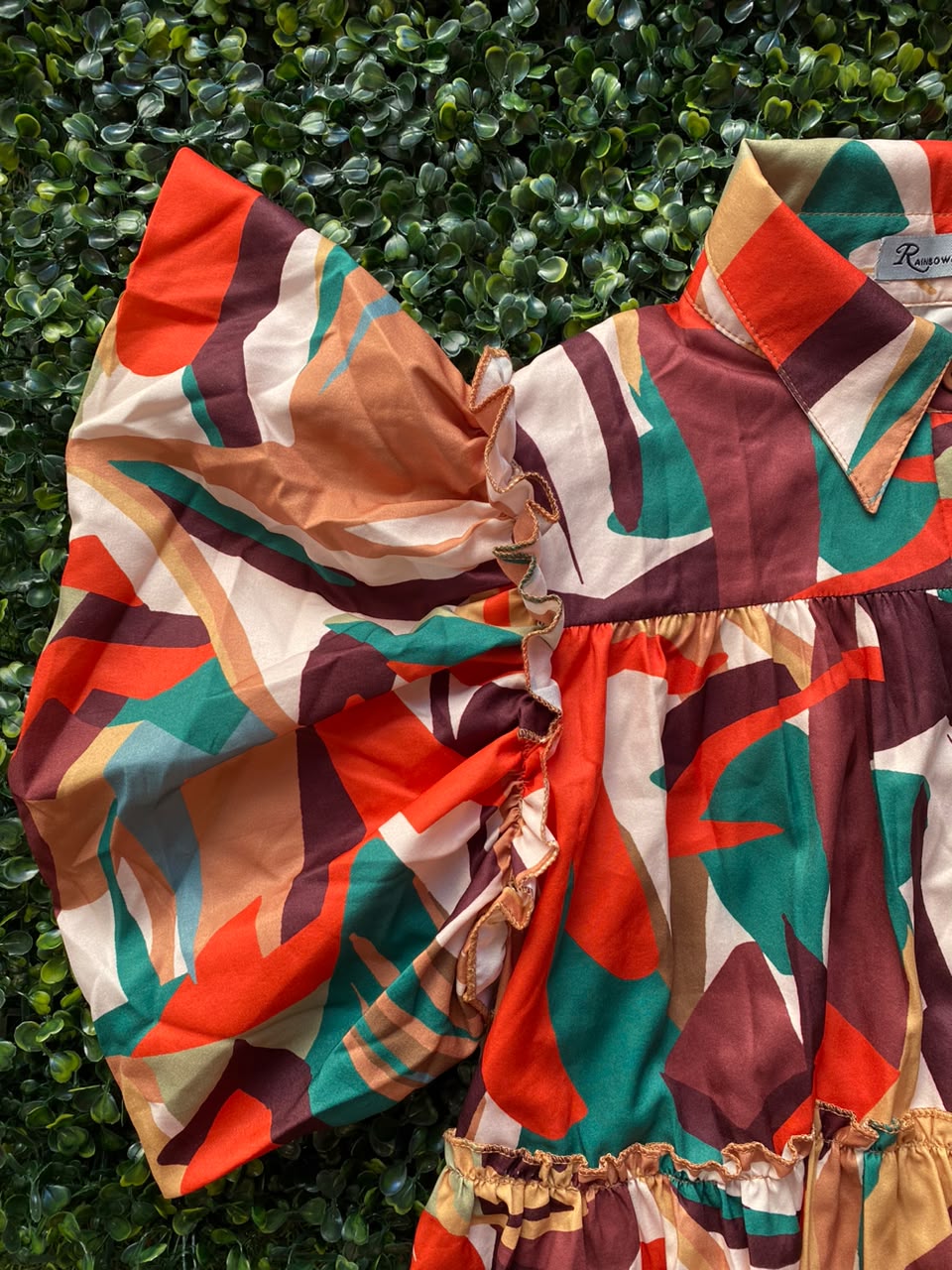 Coral & Teal Abstract Belted Shirt Dress