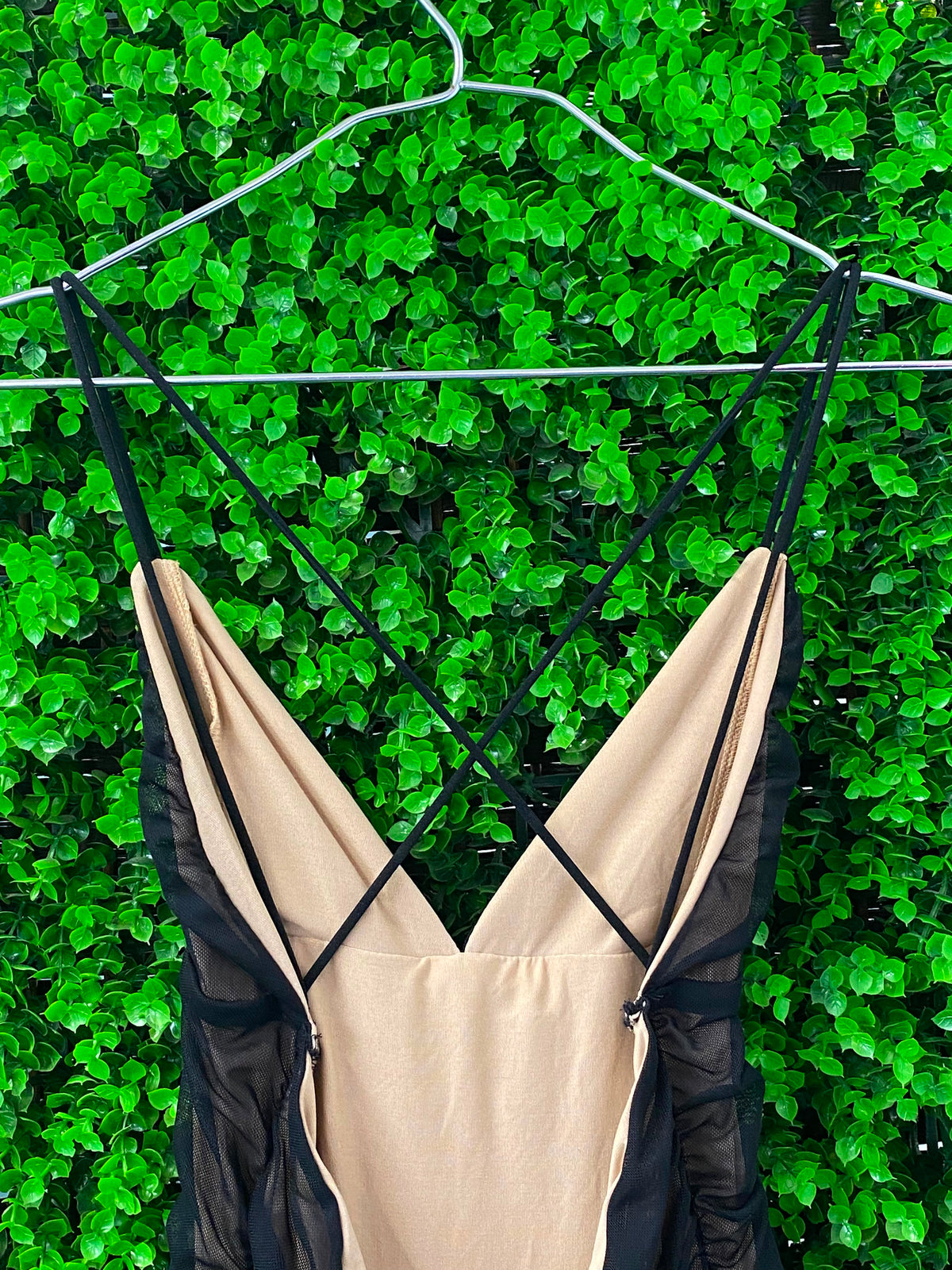 Black Ruched Mesh Bodycon Dress