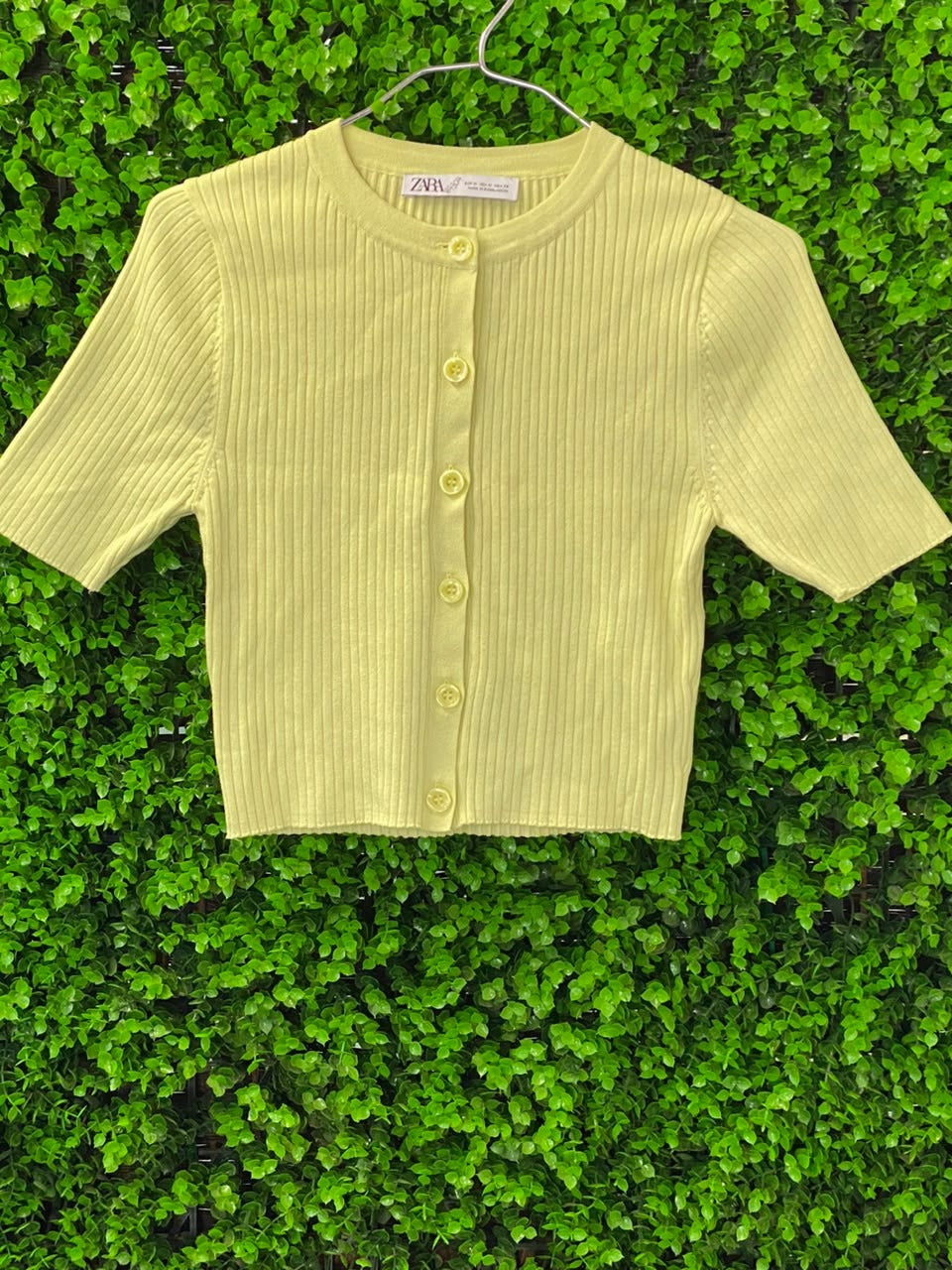 Zara Pale Yellow Viscose-Blend Ribbed Short-Sleeve Cardigan