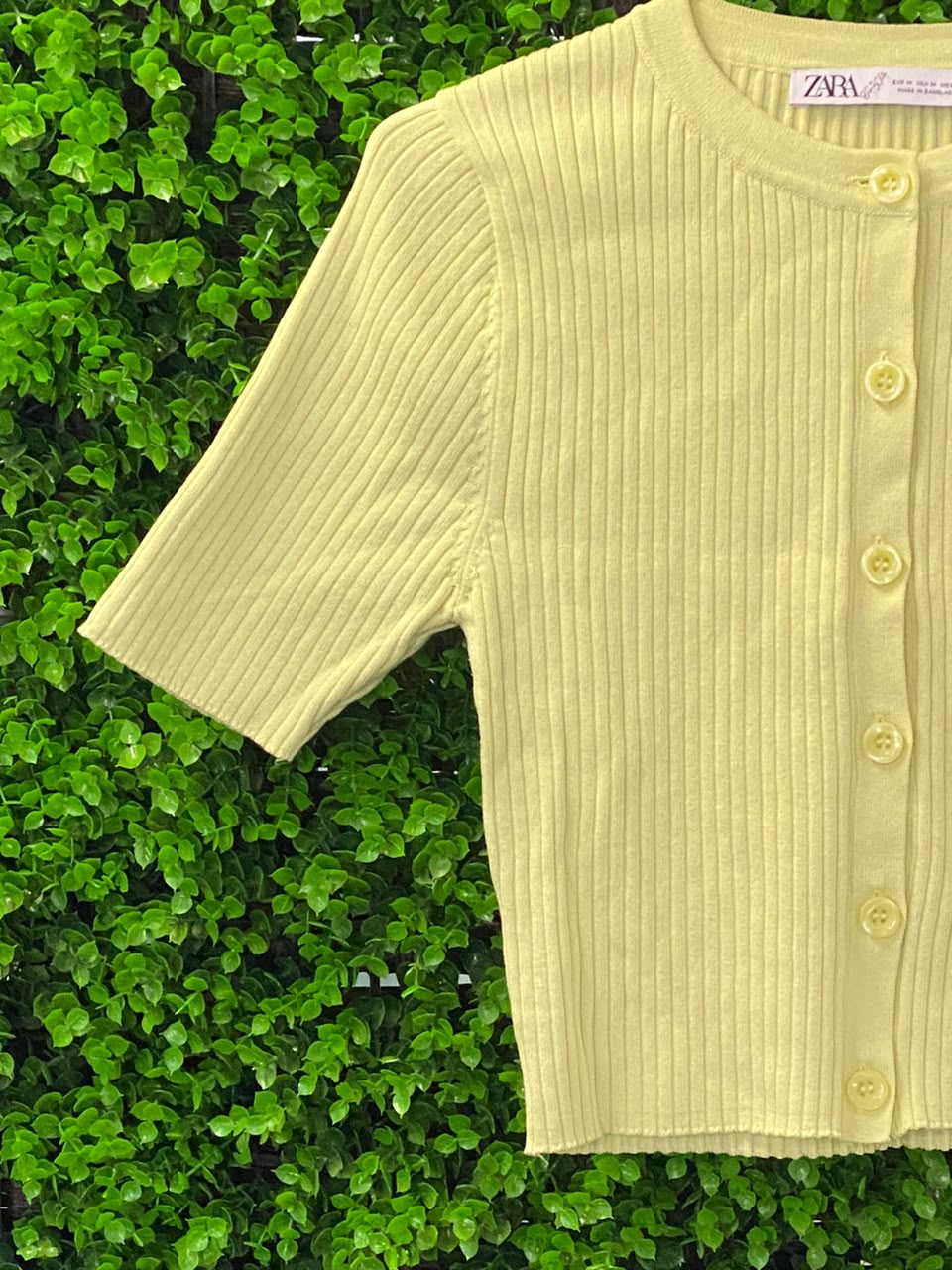 Zara Pale Yellow Viscose-Blend Ribbed Short-Sleeve Cardigan