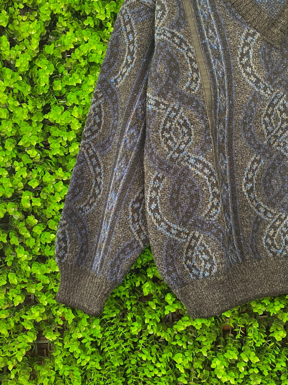 Charcoal Blue Wool-Blend Open-Knit V-Neck Sweater
