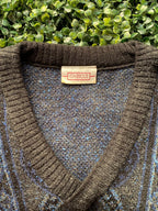 Charcoal Blue Wool-Blend Open-Knit V-Neck Sweater