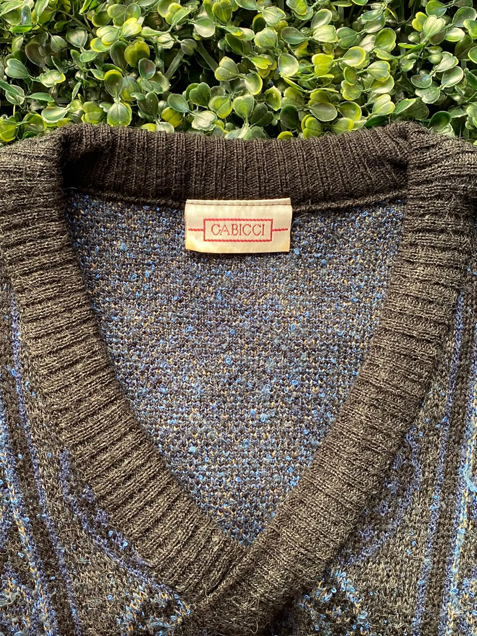 Charcoal Blue Wool-Blend Open-Knit V-Neck Sweater