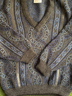 Charcoal Blue Wool-Blend Open-Knit V-Neck Sweater