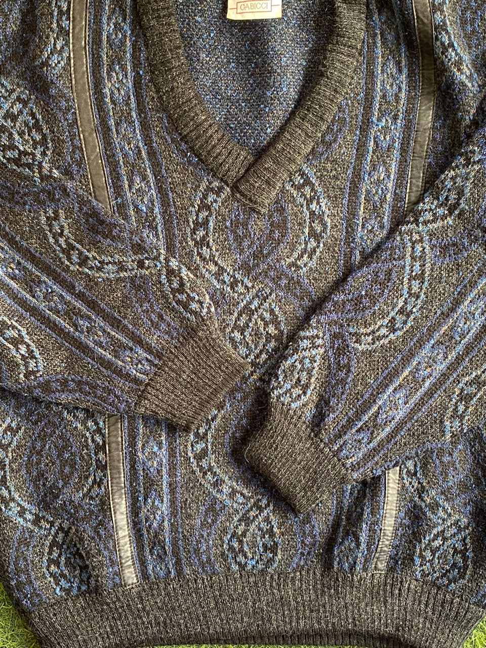 Charcoal Blue Wool-Blend Open-Knit V-Neck Sweater