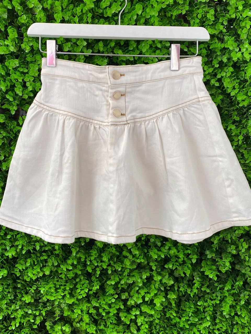 White Button-Front Flared Mini Skirt