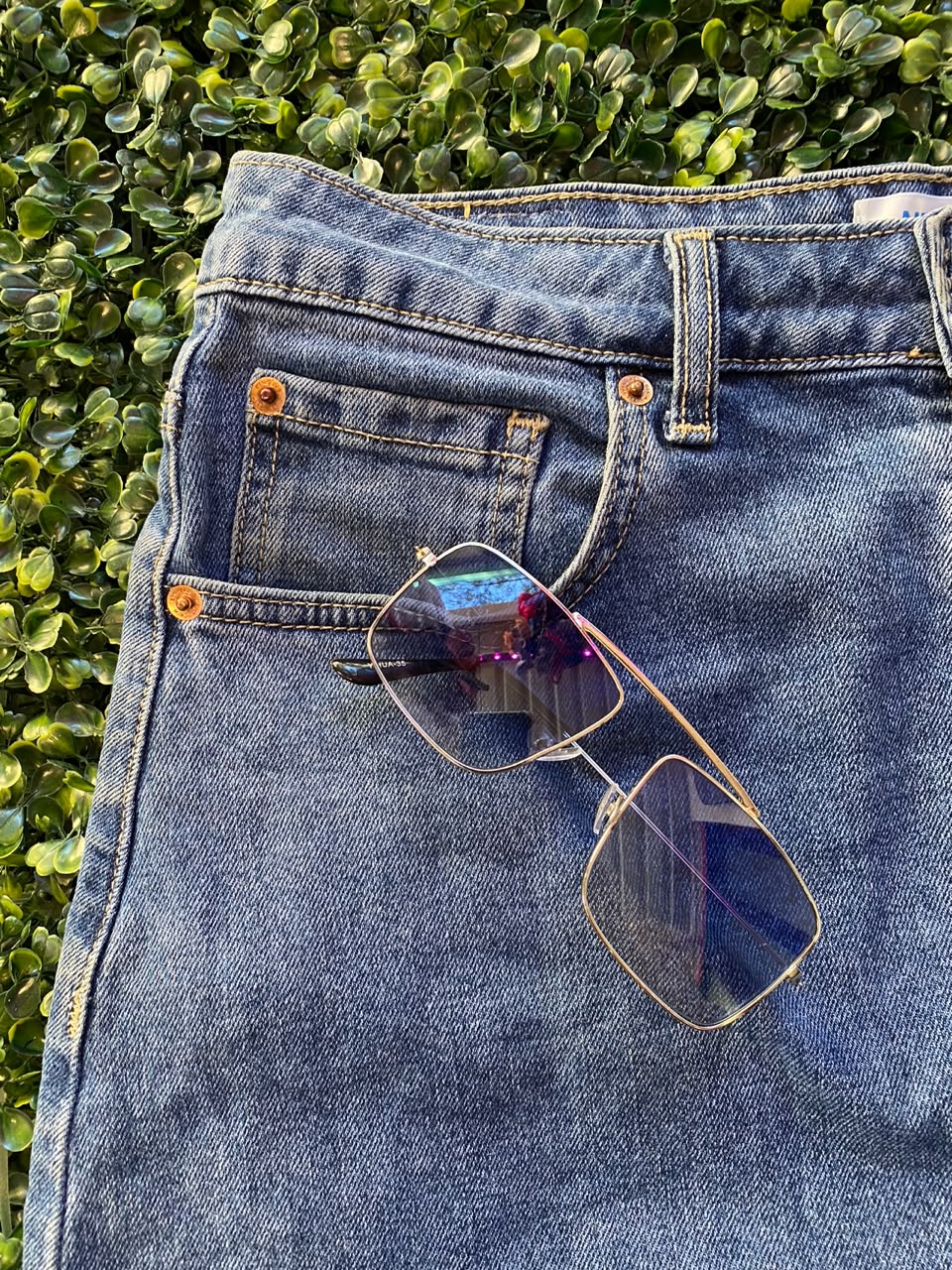 Washed Blue Front-Slit Denim Midi Skirt