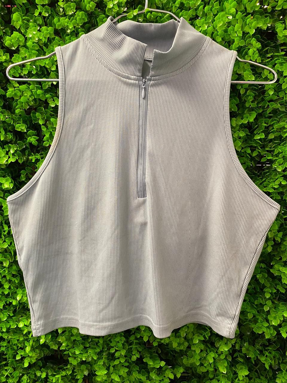 Ribbed Sleeveless Zip-Neck Crop Top