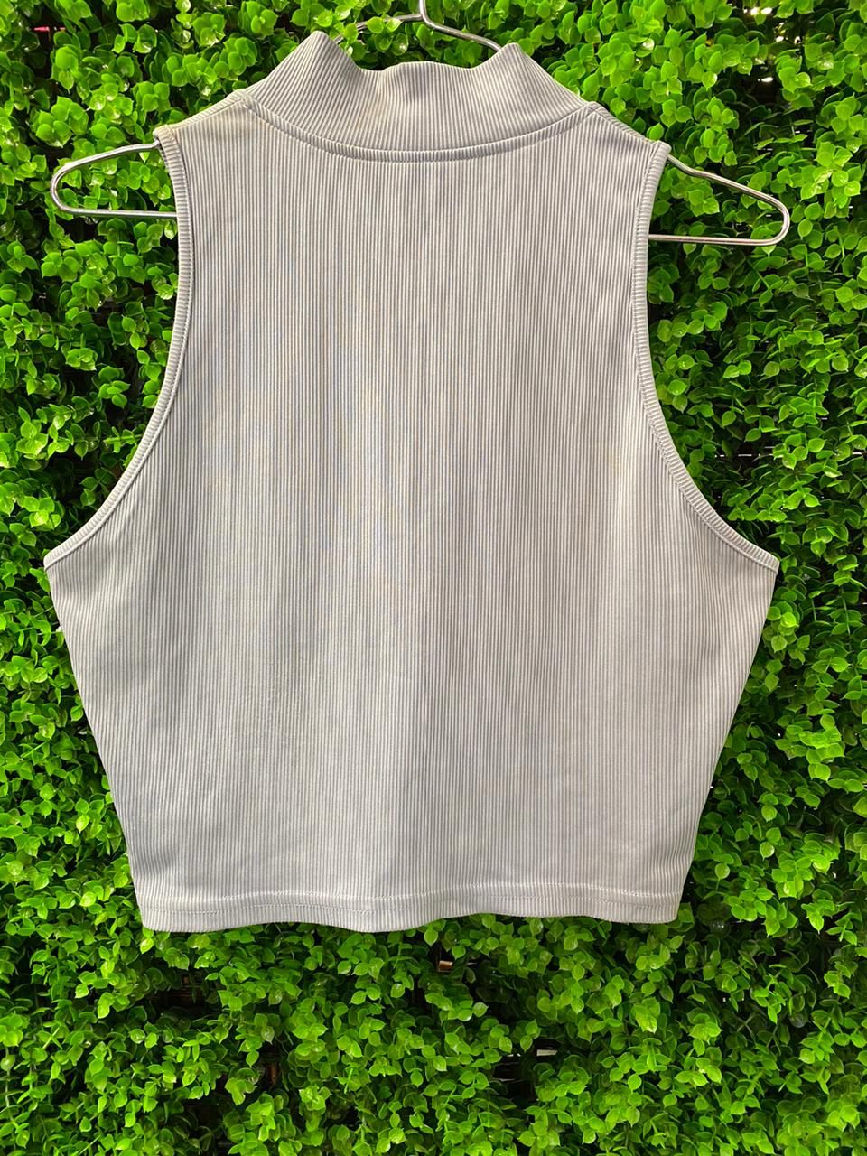 Ribbed Sleeveless Zip-Neck Crop Top
