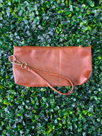 Cognac Leather Zip Clutch