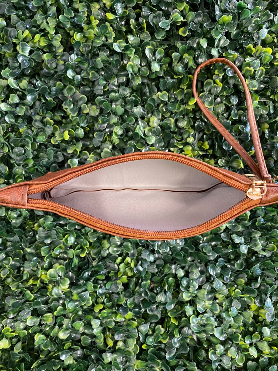 Cognac Leather Zip Clutch