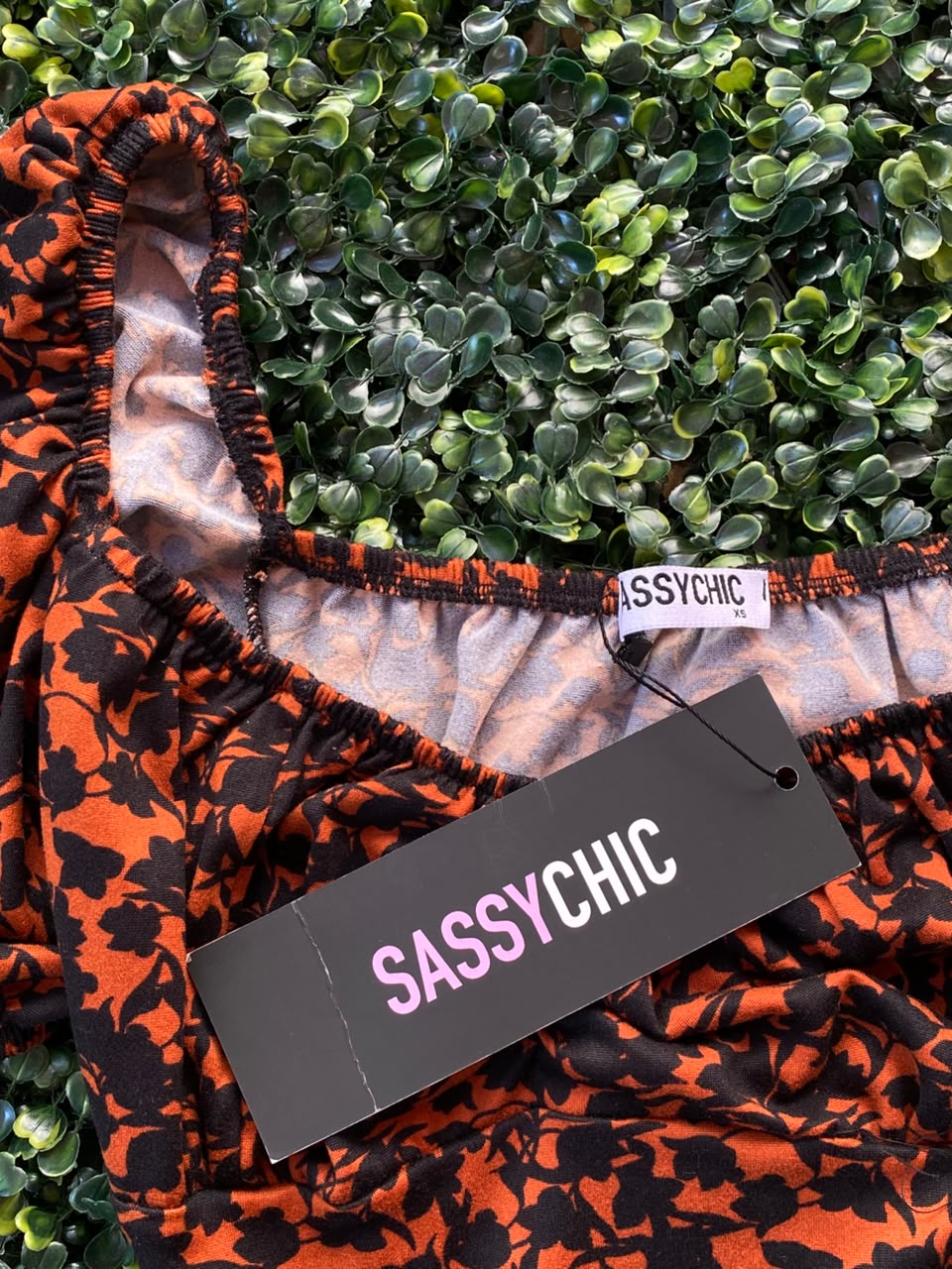 SassyChic Rust & Black Leopard Puff-Sleeve Midi Dress