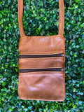 Cognac Multi-Zip Leather Crossbody Bag
