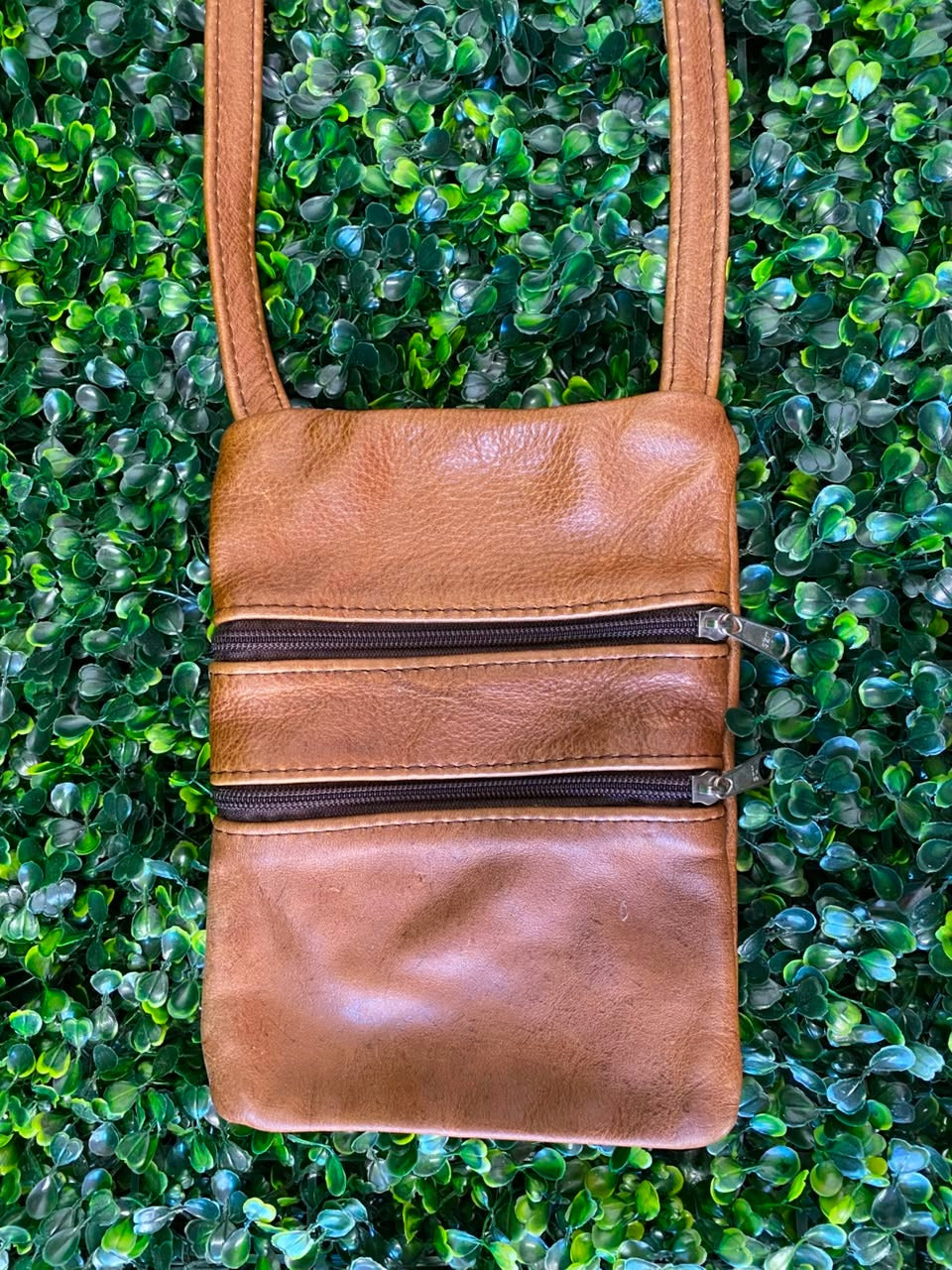 Cognac Multi-Zip Leather Crossbody Bag