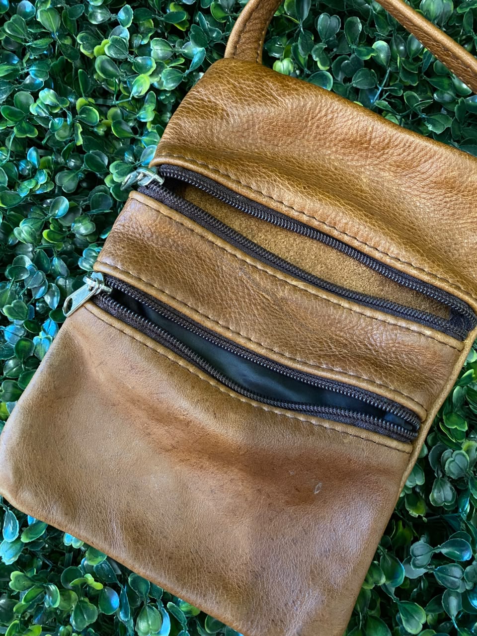 Cognac Multi-Zip Leather Crossbody Bag