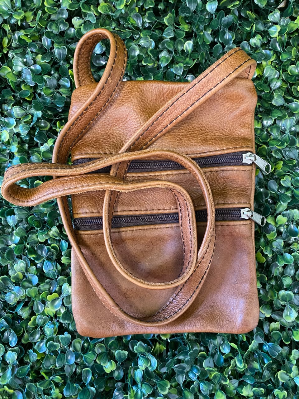Cognac Multi-Zip Leather Crossbody Bag
