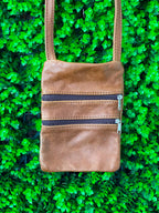 Cognac Multi-Zip Leather Crossbody Bag
