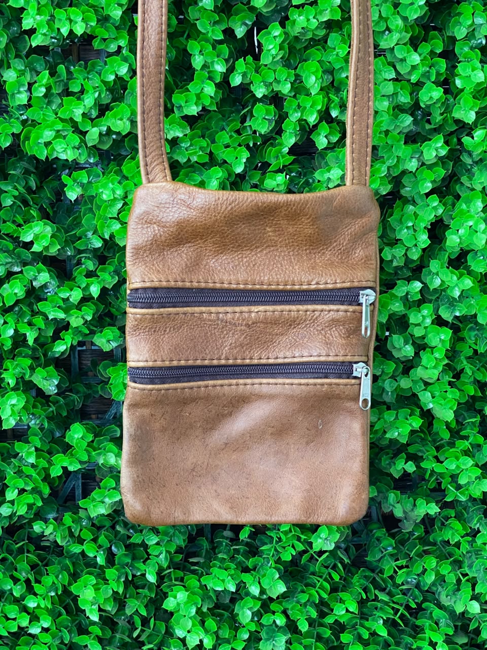 Cognac Multi-Zip Leather Crossbody Bag
