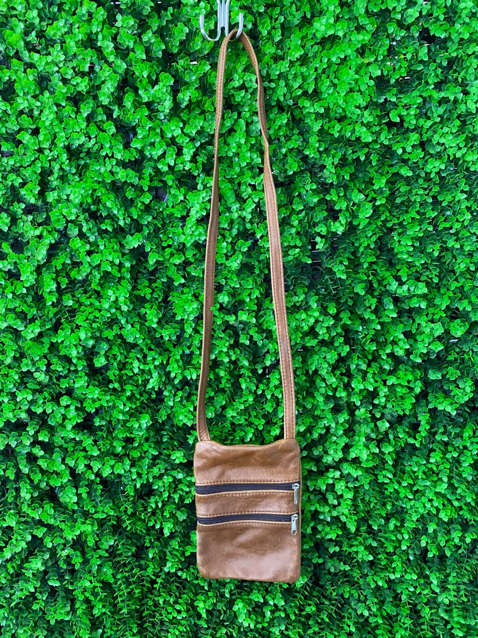 Cognac Multi-Zip Leather Crossbody Bag