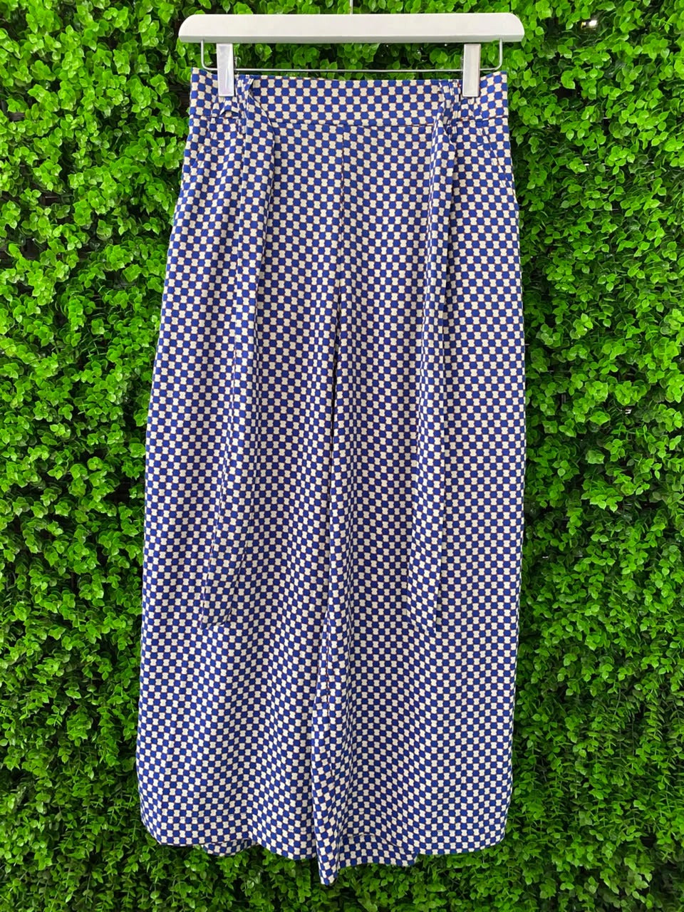 Navy & White Micro-Print Midi Skirt