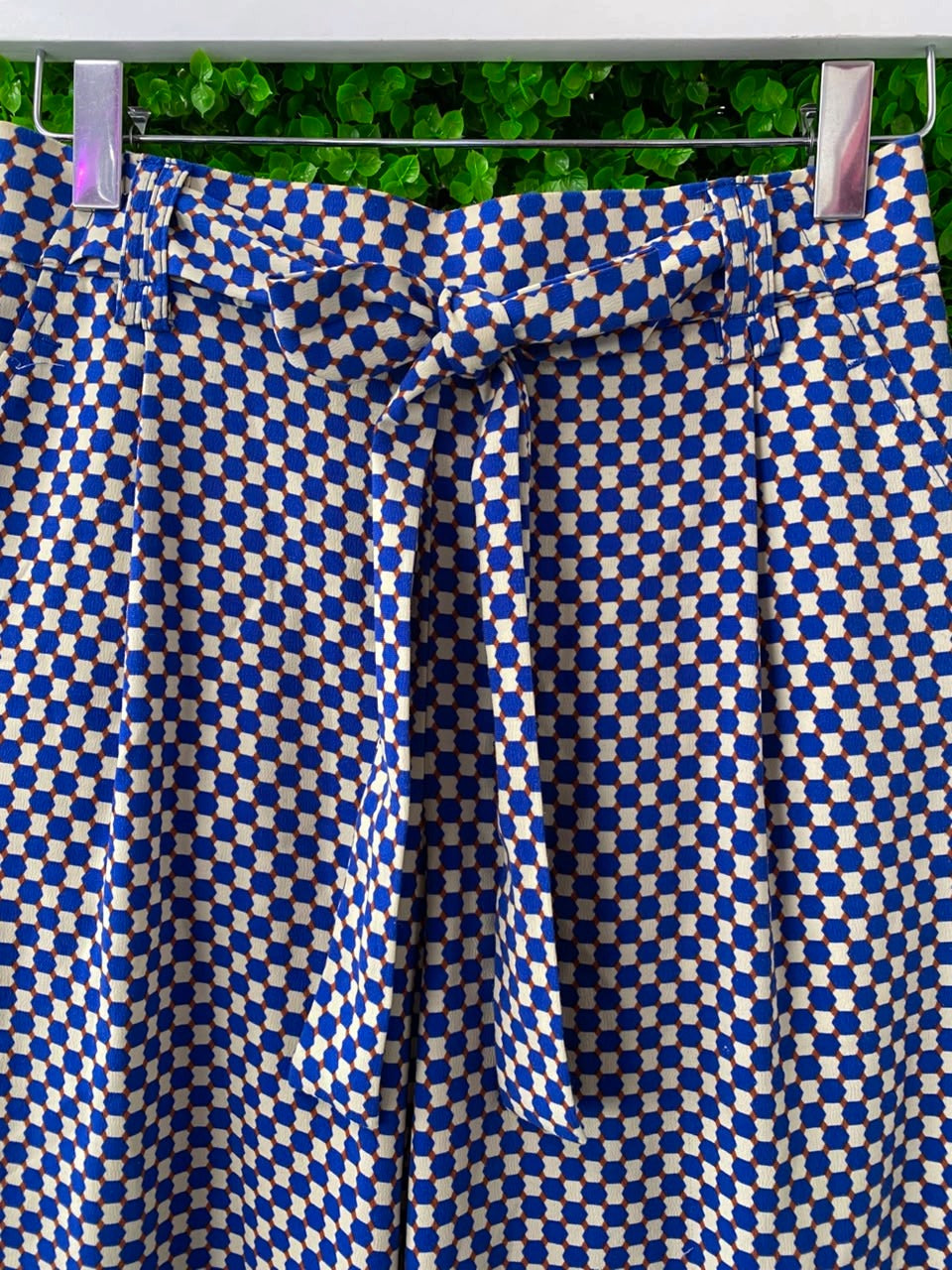 Navy & White Micro-Print Midi Skirt