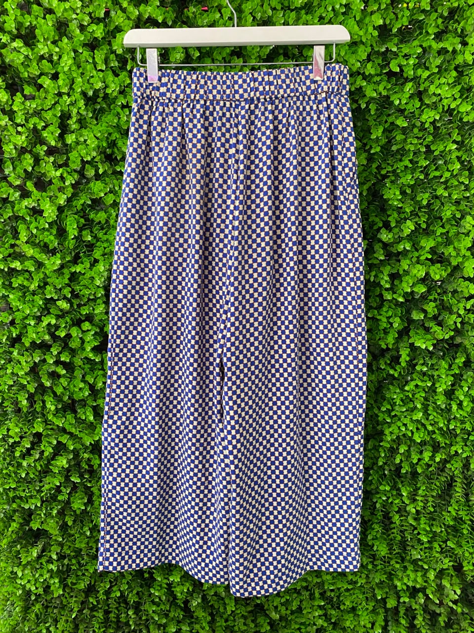 Navy & White Micro-Print Midi Skirt