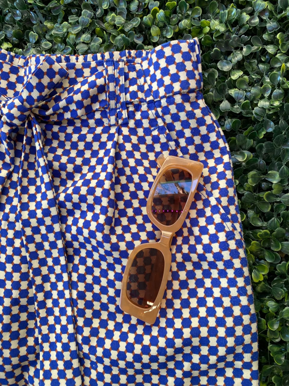 Navy & White Micro-Print Midi Skirt