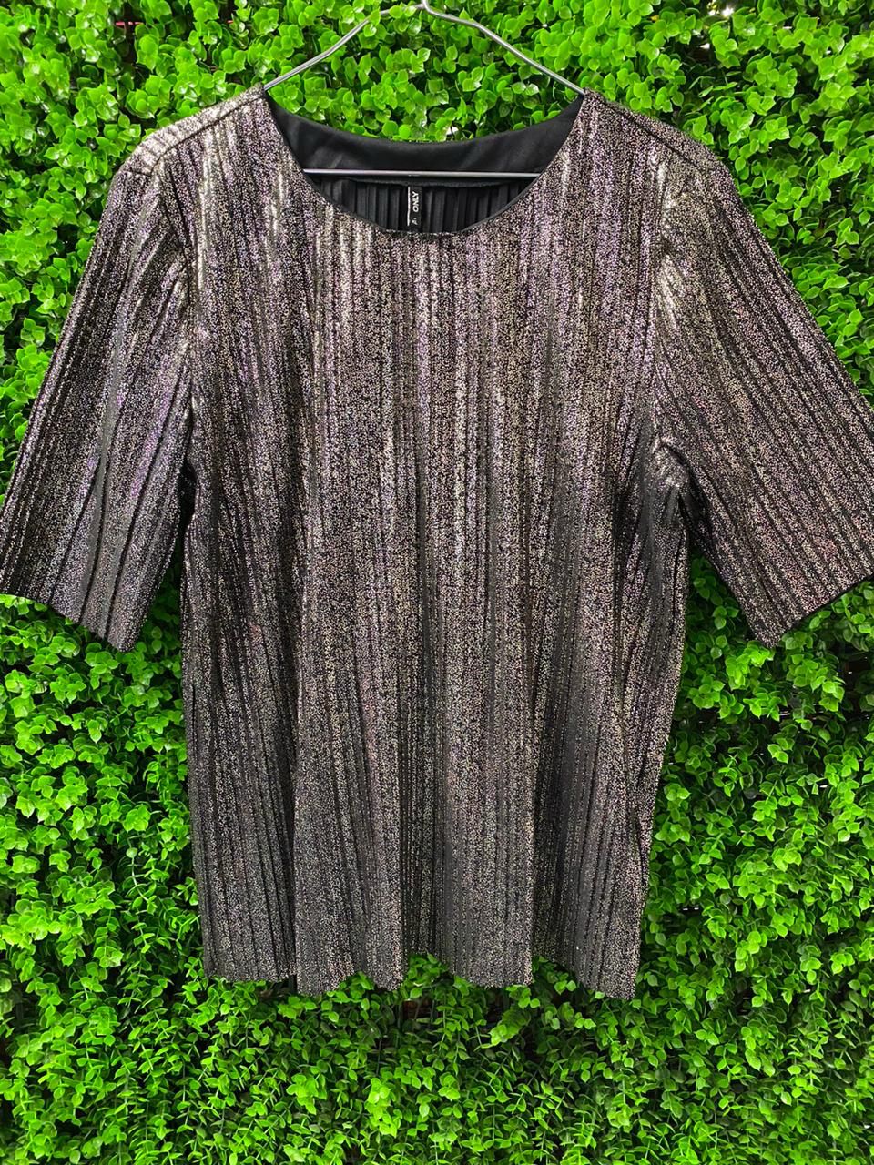 Black & Silver Metallic Pleated Top