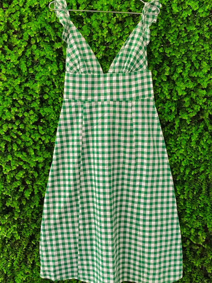 H&M Green & White Gingham Pinafore Mini Dress