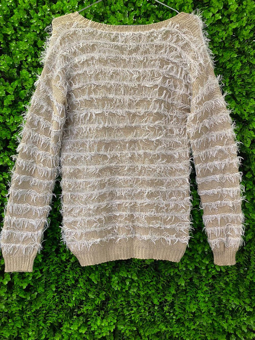 Beige Fringe Detail Knit Pullover