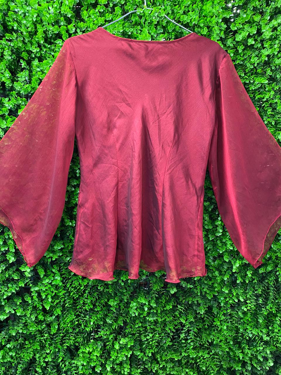 Burgundy Satin Bell Sleeve Blouse