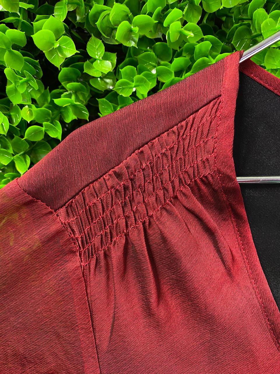 Burgundy Satin Bell Sleeve Blouse