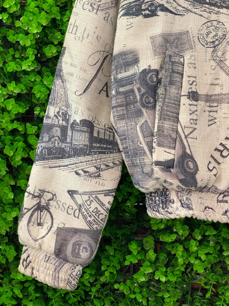 Beige Newspaper-Print Cropped Jacket